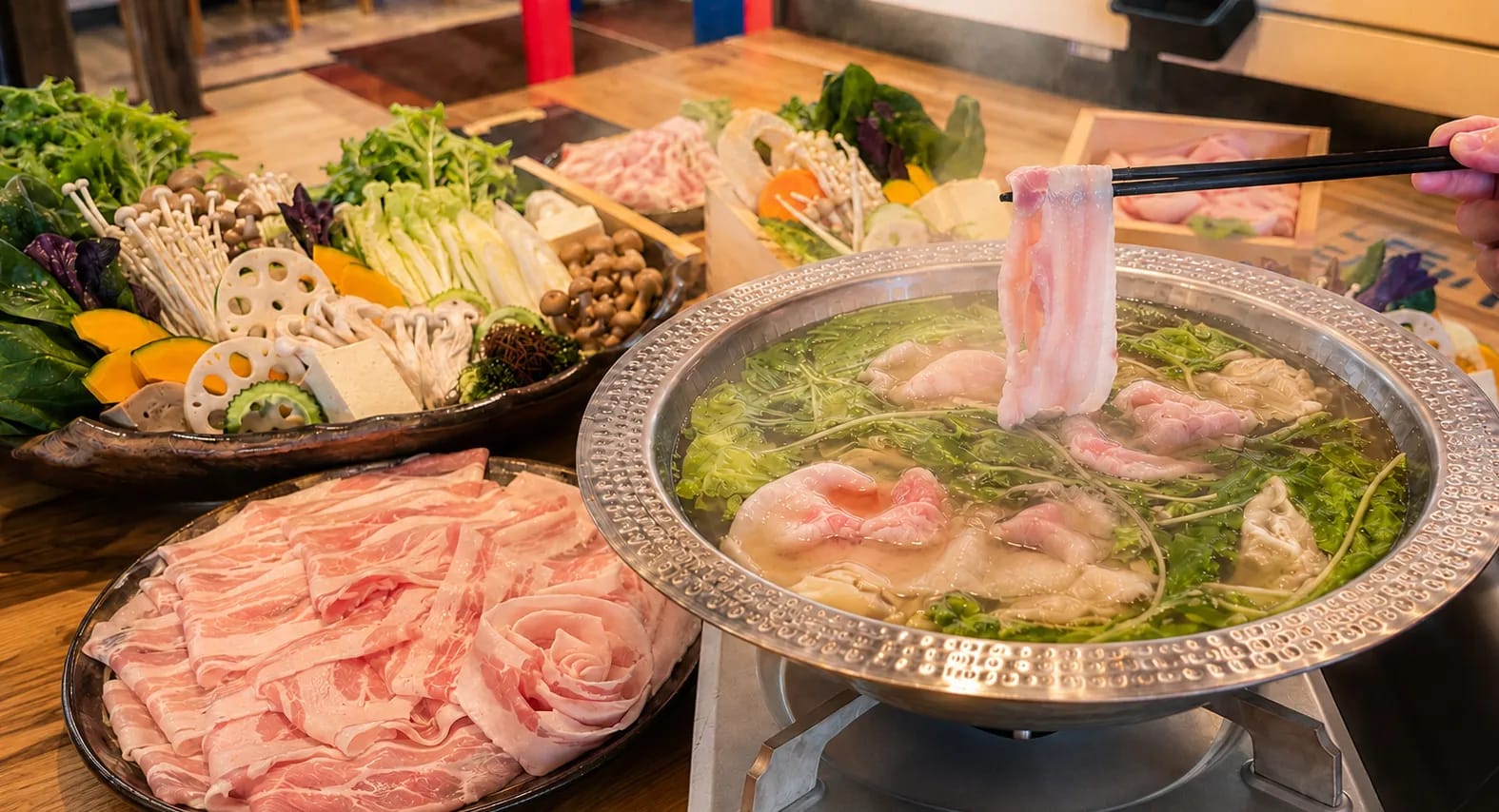 箸であぐー豚を持ち上げた、湯気の立つしゃぶしゃぶ鍋