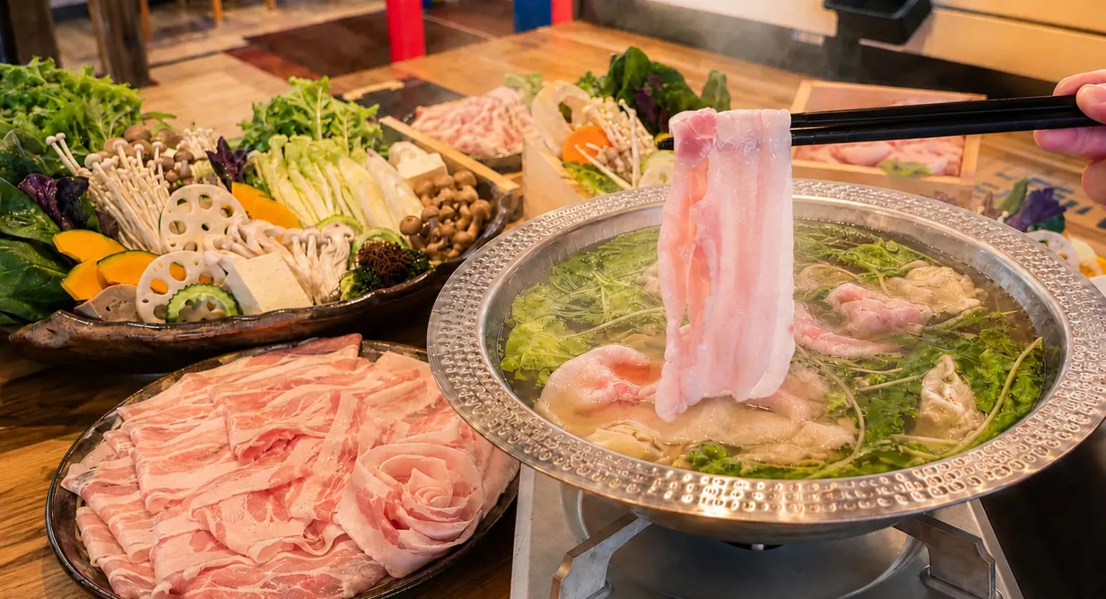 箸であぐー豚を持ち上げた、湯気の立つしゃぶしゃぶ鍋